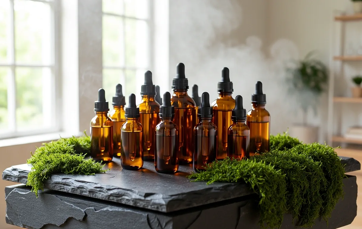 Clinical apothecary aesthetic featuring moss and stone