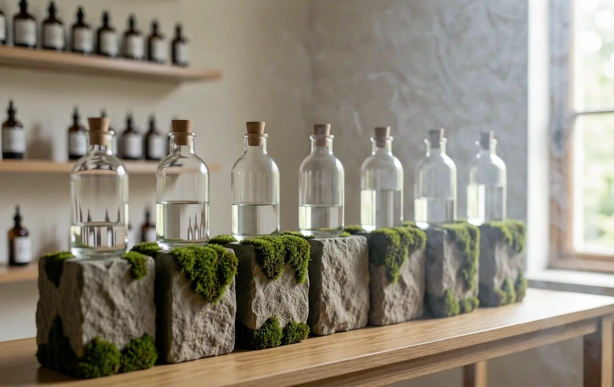 Clinical apothecary aesthetic featuring moss and stone