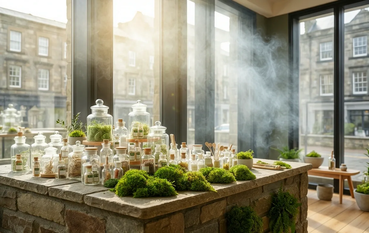 Clinical apothecary aesthetic featuring moss and stone